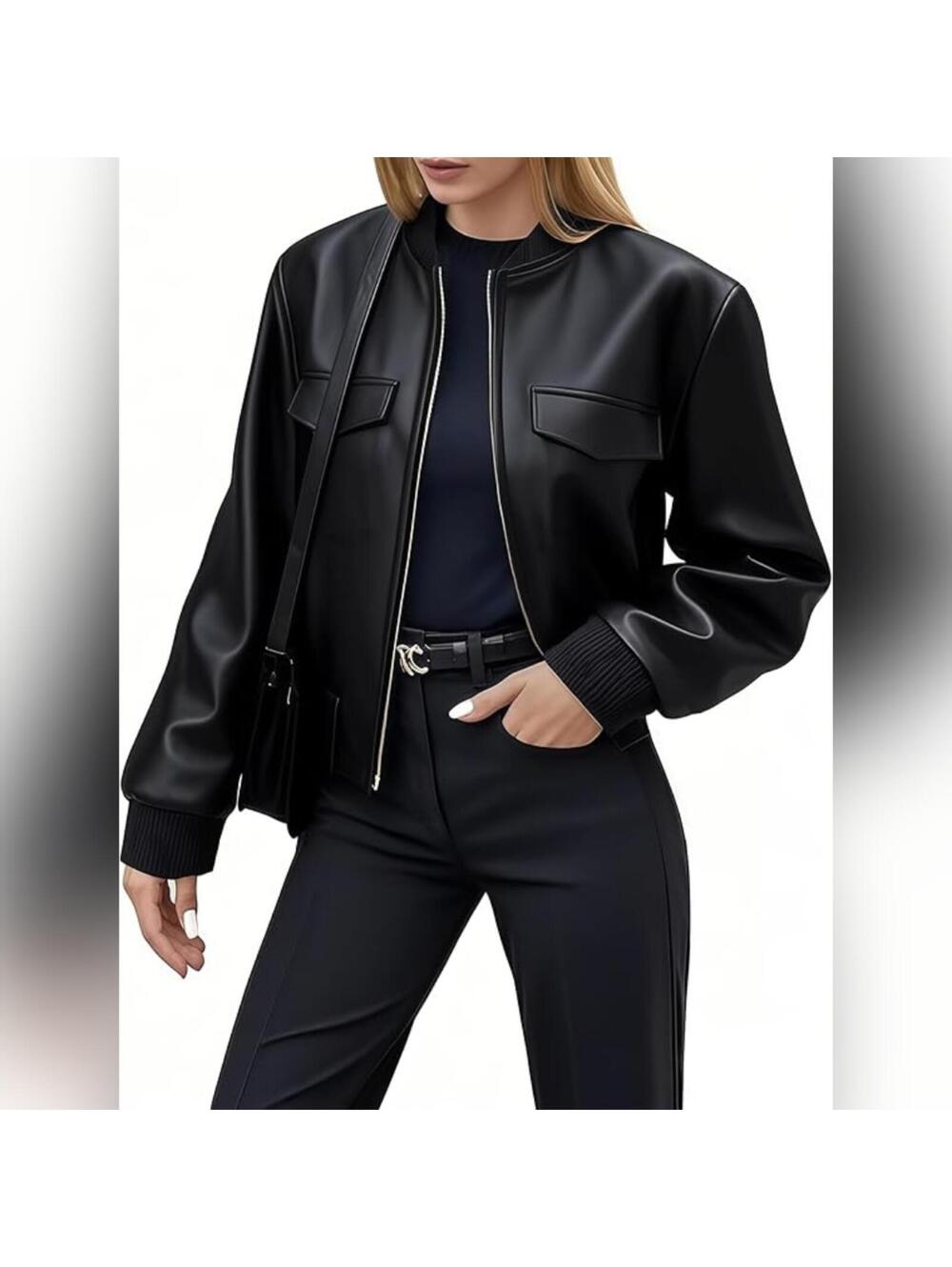 NWT Ommiivex Faux Leather Cropped Bomber Jacket Coat, Small (4)